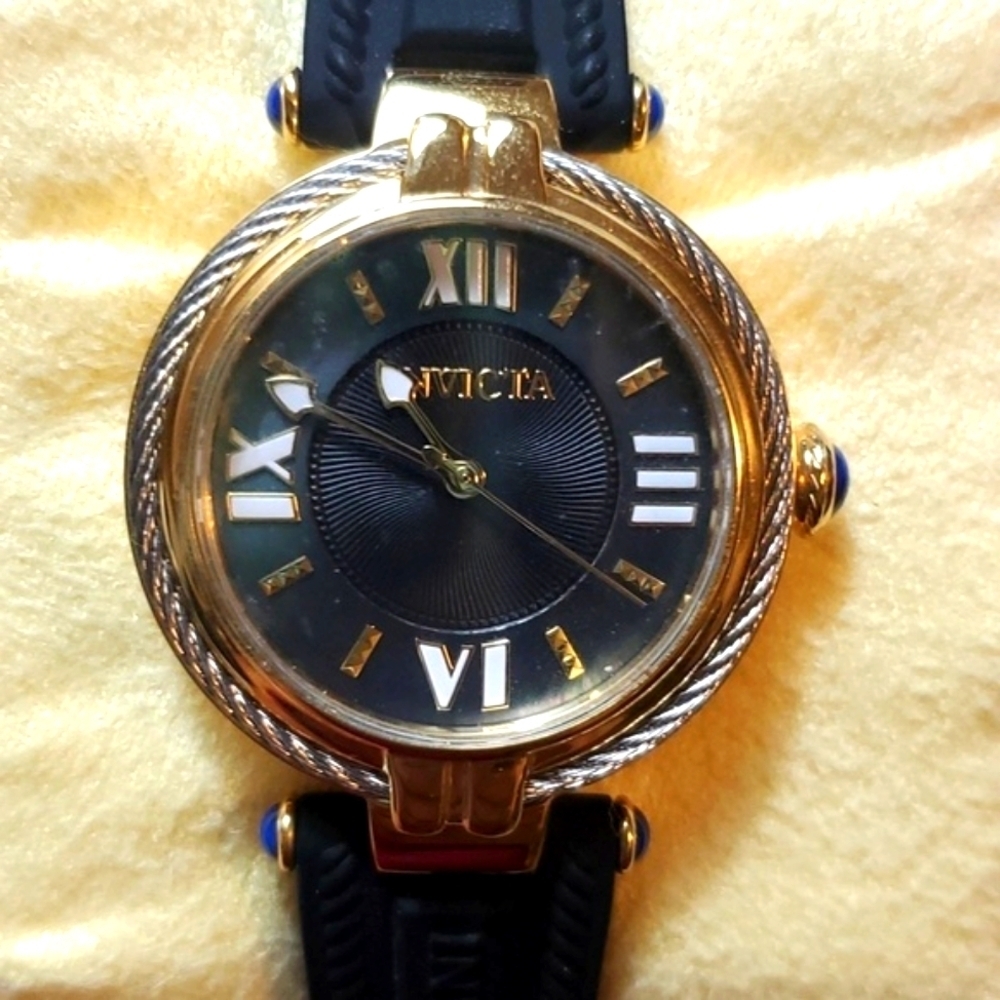 Invicta Women's Watch- Black Face, Gold Trim, Blue Accents, Black Band - Picture 2 of 6